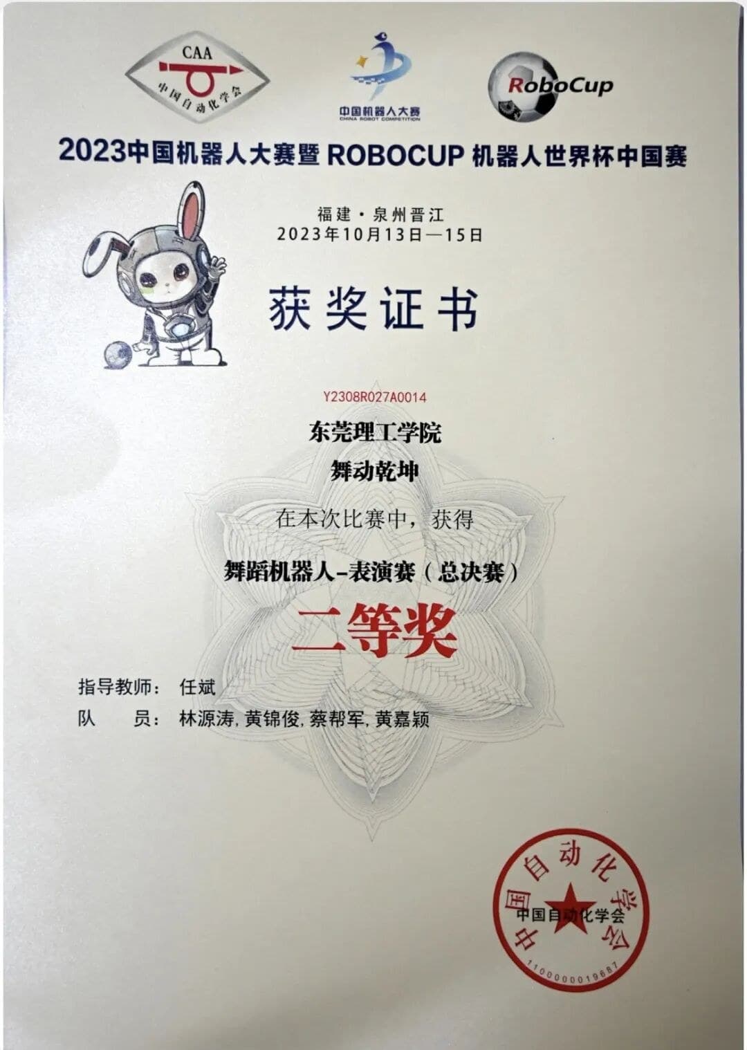 2023 RoboCup 舞蹈机器人—表演赛（总决赛）二等奖（舞动乾坤） 证书
